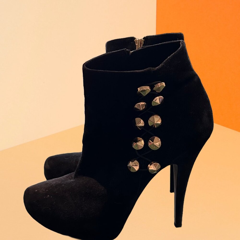 Vince Camuto Black Velvet Heeled Ankle Bootie with Gold Buttons